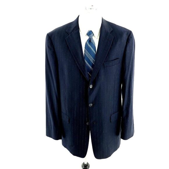 Hart Schaffner Marx‎ Wool 3 Button Suit Jacket 42L Blue W/ Blue Striped - Picture 3 of 12